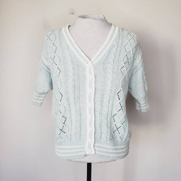 Vintage Crazy Horse Cardigan Grannycore Cable Knit Retro Rami Cotton Pale Blue M - Picture 3 of 8